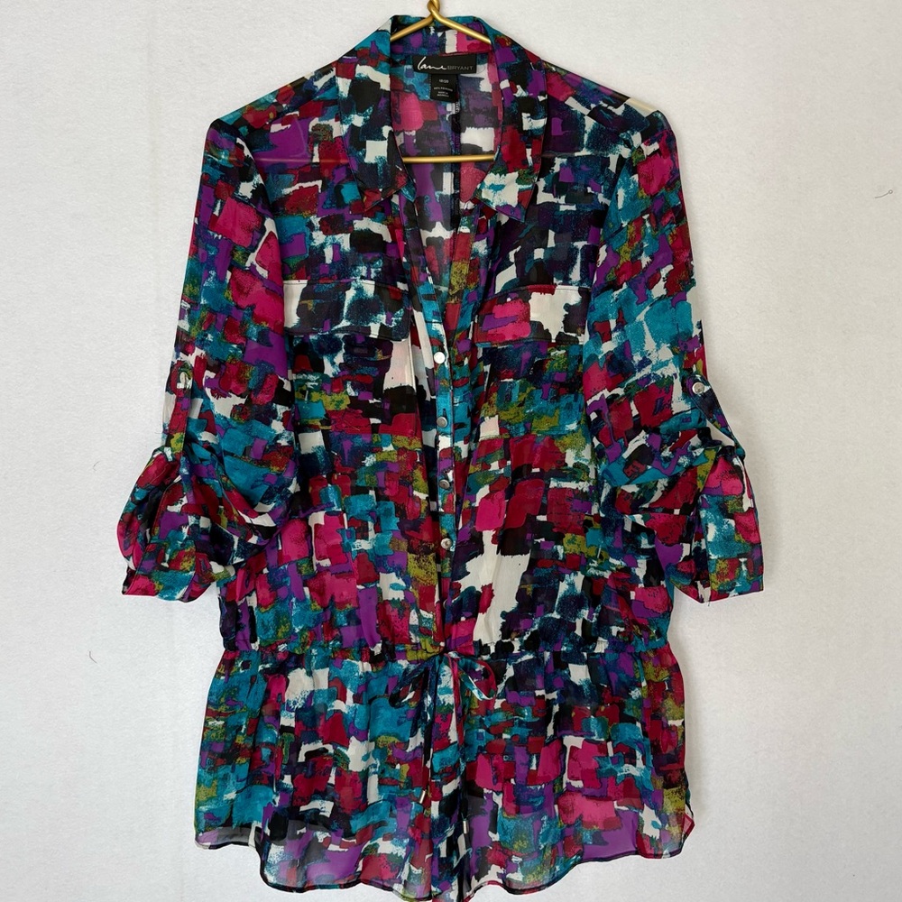 Women’s Lane Bryant Multi-Color Sheer Button Front Tie Blouse Size 18/20 NWOT